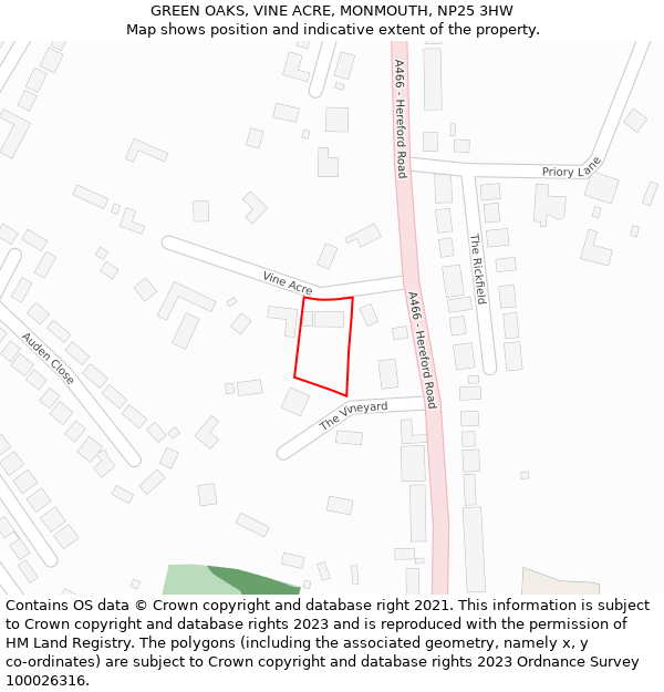 GREEN OAKS, VINE ACRE, MONMOUTH, NP25 3HW: Location map and indicative extent of plot