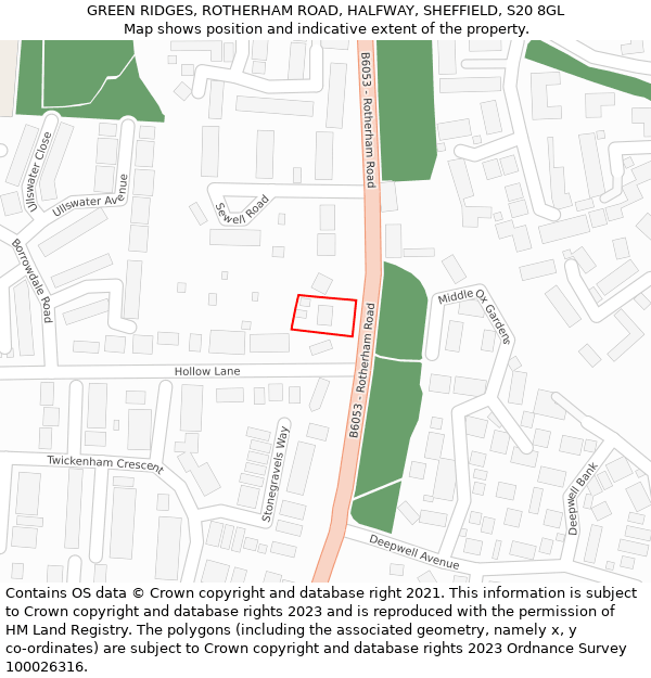 GREEN RIDGES, ROTHERHAM ROAD, HALFWAY, SHEFFIELD, S20 8GL: Location map and indicative extent of plot