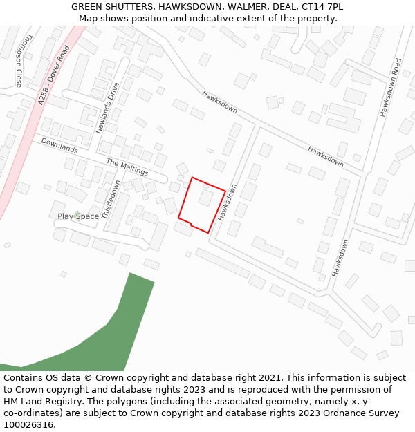 GREEN SHUTTERS, HAWKSDOWN, WALMER, DEAL, CT14 7PL: Location map and indicative extent of plot