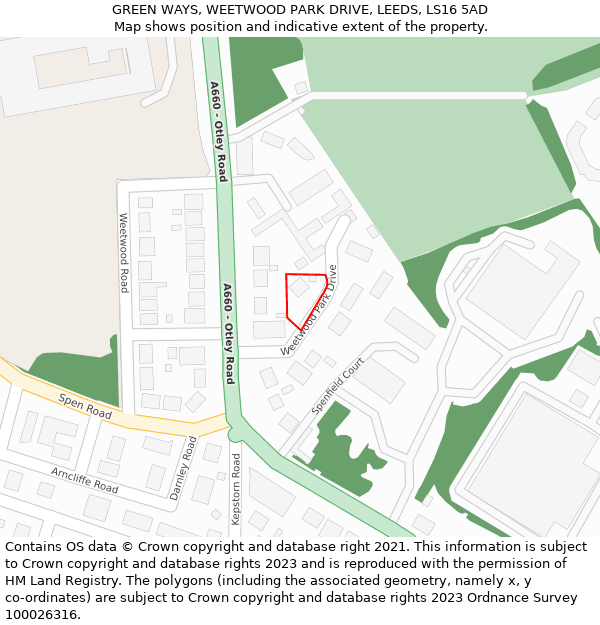 GREEN WAYS, WEETWOOD PARK DRIVE, LEEDS, LS16 5AD: Location map and indicative extent of plot