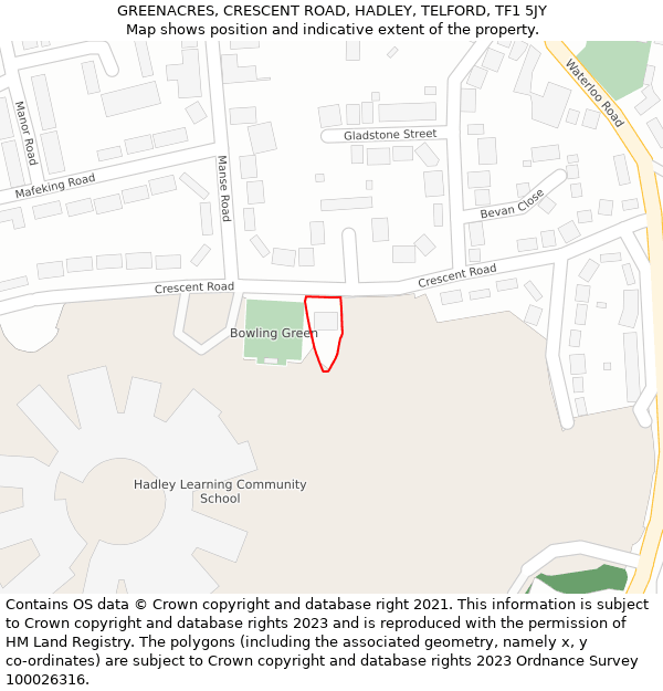 GREENACRES, CRESCENT ROAD, HADLEY, TELFORD, TF1 5JY: Location map and indicative extent of plot