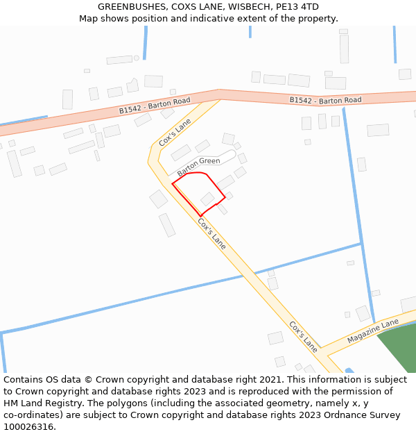 GREENBUSHES, COXS LANE, WISBECH, PE13 4TD: Location map and indicative extent of plot