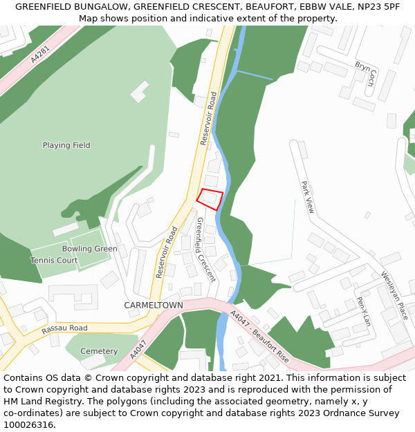GREENFIELD BUNGALOW, GREENFIELD CRESCENT, BEAUFORT, EBBW VALE, NP23 5PF: Location map and indicative extent of plot