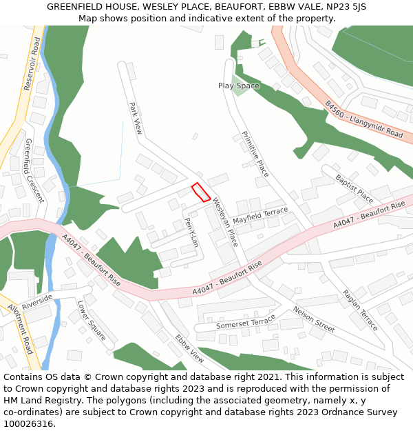 GREENFIELD HOUSE, WESLEY PLACE, BEAUFORT, EBBW VALE, NP23 5JS: Location map and indicative extent of plot