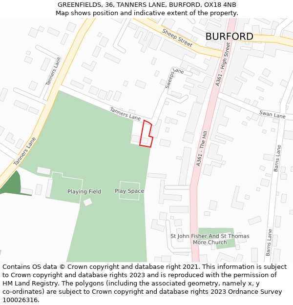 GREENFIELDS, 36, TANNERS LANE, BURFORD, OX18 4NB: Location map and indicative extent of plot