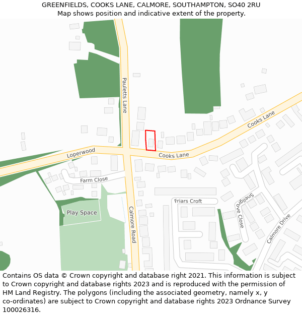 GREENFIELDS, COOKS LANE, CALMORE, SOUTHAMPTON, SO40 2RU: Location map and indicative extent of plot