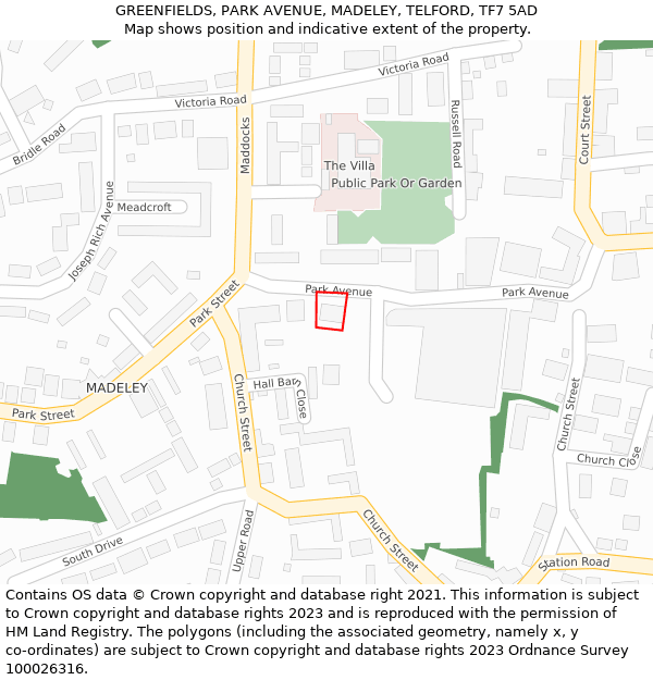 GREENFIELDS, PARK AVENUE, MADELEY, TELFORD, TF7 5AD: Location map and indicative extent of plot