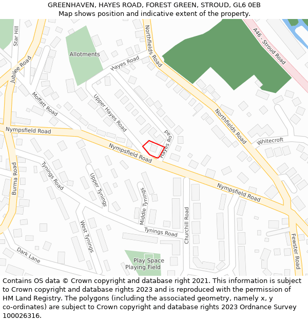 GREENHAVEN, HAYES ROAD, FOREST GREEN, STROUD, GL6 0EB: Location map and indicative extent of plot