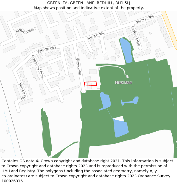 GREENLEA, GREEN LANE, REDHILL, RH1 5LJ: Location map and indicative extent of plot