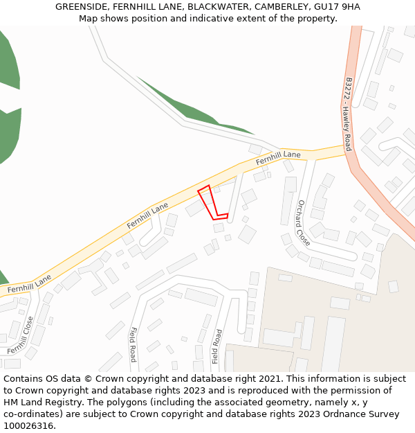 GREENSIDE, FERNHILL LANE, BLACKWATER, CAMBERLEY, GU17 9HA: Location map and indicative extent of plot