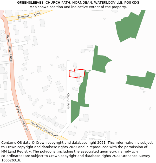GREENSLEEVES, CHURCH PATH, HORNDEAN, WATERLOOVILLE, PO8 0DG: Location map and indicative extent of plot