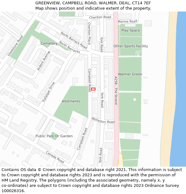 GREENVIEW, CAMPBELL ROAD, WALMER, DEAL, CT14 7EF: Location map and indicative extent of plot