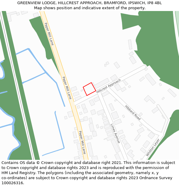 GREENVIEW LODGE, HILLCREST APPROACH, BRAMFORD, IPSWICH, IP8 4BL: Location map and indicative extent of plot