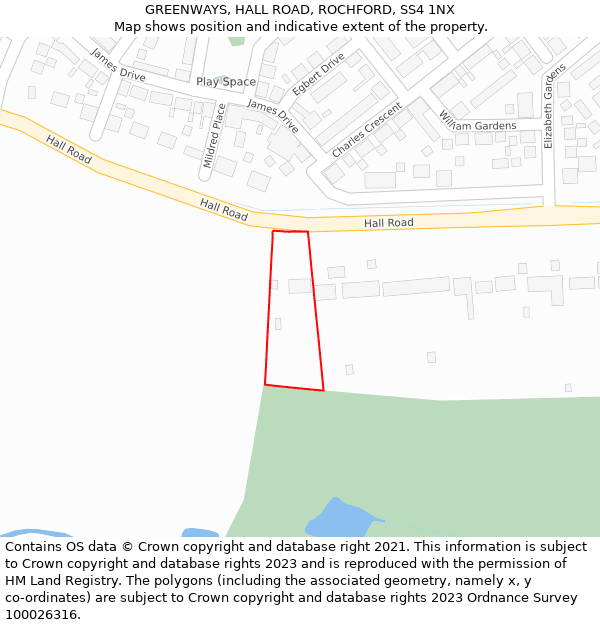 GREENWAYS, HALL ROAD, ROCHFORD, SS4 1NX: Location map and indicative extent of plot