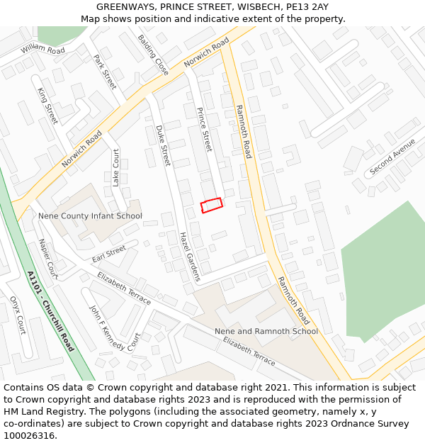 GREENWAYS, PRINCE STREET, WISBECH, PE13 2AY: Location map and indicative extent of plot