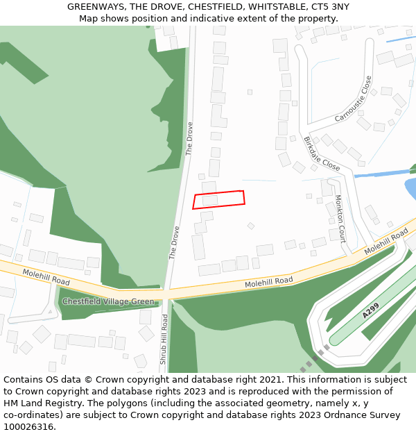 GREENWAYS, THE DROVE, CHESTFIELD, WHITSTABLE, CT5 3NY: Location map and indicative extent of plot