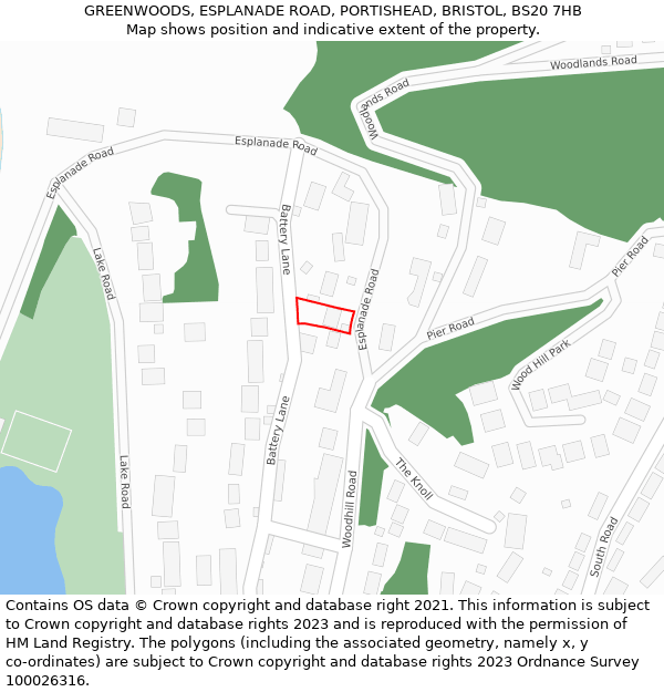 GREENWOODS, ESPLANADE ROAD, PORTISHEAD, BRISTOL, BS20 7HB: Location map and indicative extent of plot