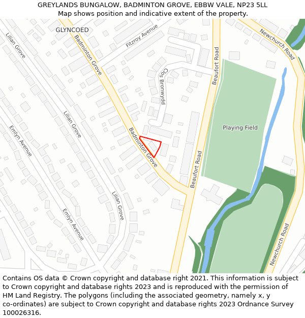 GREYLANDS BUNGALOW, BADMINTON GROVE, EBBW VALE, NP23 5LL: Location map and indicative extent of plot