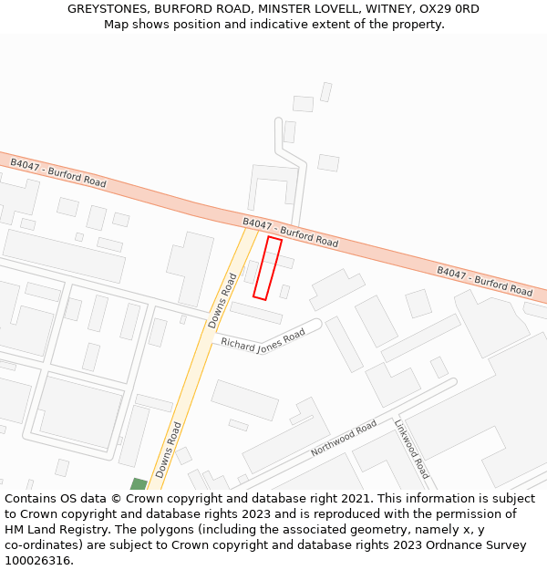 GREYSTONES, BURFORD ROAD, MINSTER LOVELL, WITNEY, OX29 0RD: Location map and indicative extent of plot