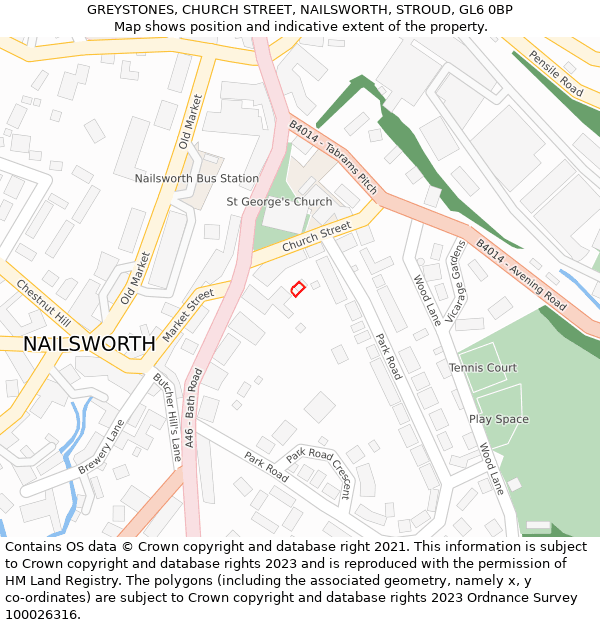 GREYSTONES, CHURCH STREET, NAILSWORTH, STROUD, GL6 0BP: Location map and indicative extent of plot