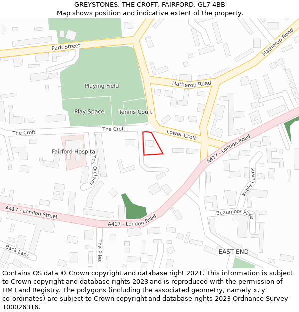 GREYSTONES, THE CROFT, FAIRFORD, GL7 4BB: Location map and indicative extent of plot
