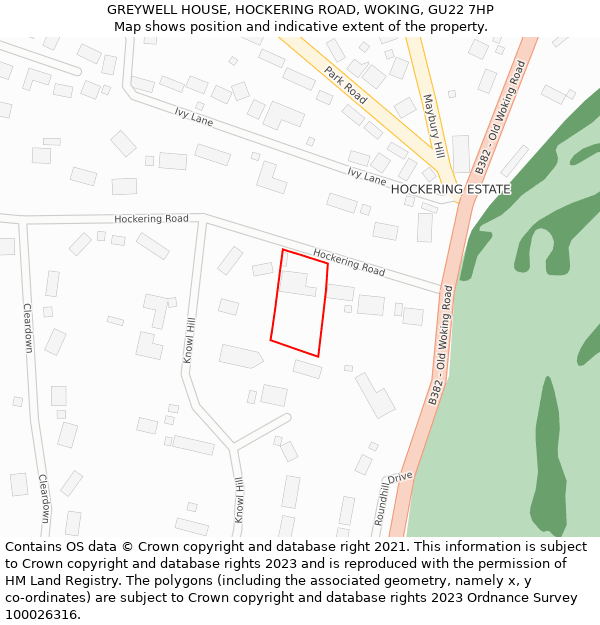 GREYWELL HOUSE, HOCKERING ROAD, WOKING, GU22 7HP: Location map and indicative extent of plot