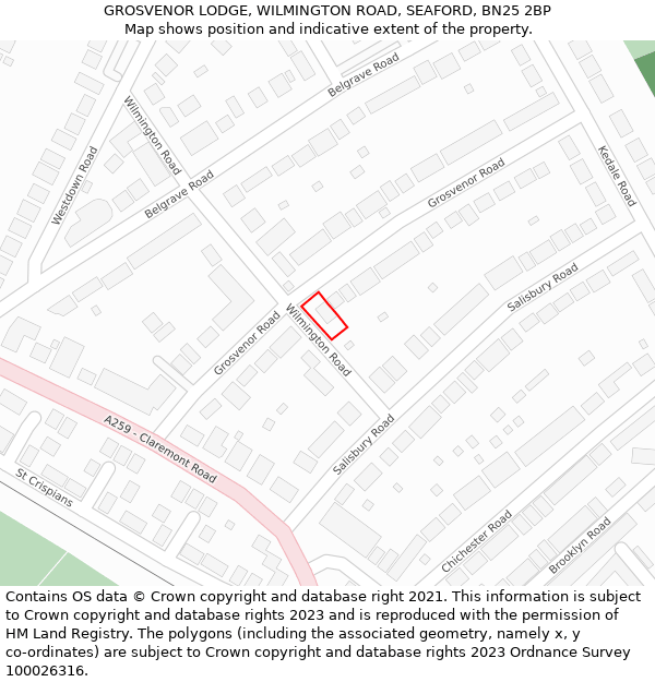 GROSVENOR LODGE, WILMINGTON ROAD, SEAFORD, BN25 2BP: Location map and indicative extent of plot