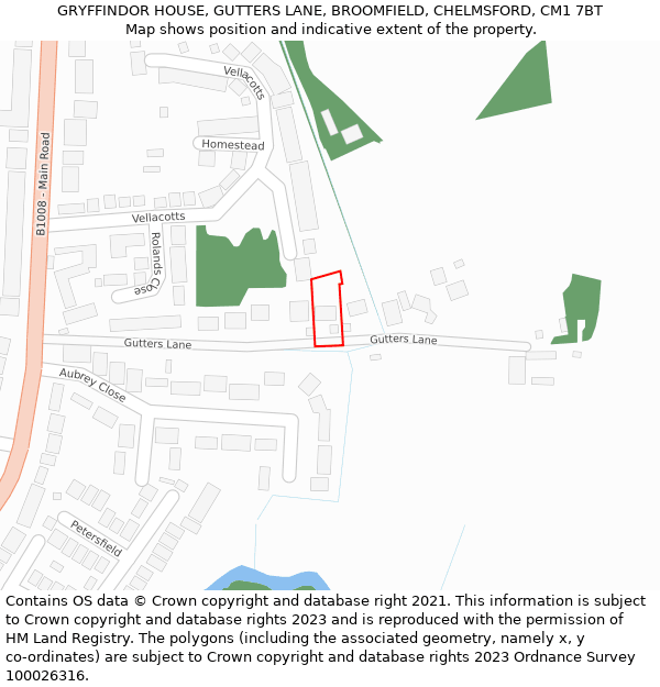 GRYFFINDOR HOUSE, GUTTERS LANE, BROOMFIELD, CHELMSFORD, CM1 7BT: Location map and indicative extent of plot