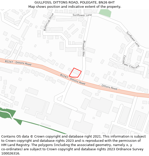 GULLFOSS, DITTONS ROAD, POLEGATE, BN26 6HT: Location map and indicative extent of plot