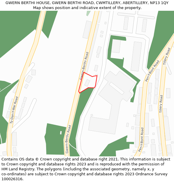 GWERN BERTHI HOUSE, GWERN BERTHI ROAD, CWMTILLERY, ABERTILLERY, NP13 1QY: Location map and indicative extent of plot
