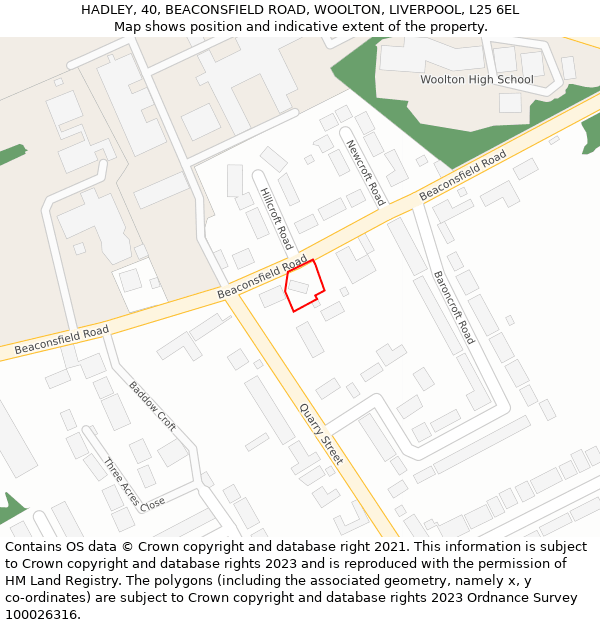 HADLEY, 40, BEACONSFIELD ROAD, WOOLTON, LIVERPOOL, L25 6EL: Location map and indicative extent of plot