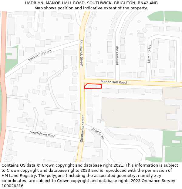 HADRIAN, MANOR HALL ROAD, SOUTHWICK, BRIGHTON, BN42 4NB: Location map and indicative extent of plot