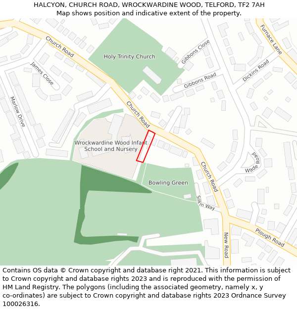 HALCYON, CHURCH ROAD, WROCKWARDINE WOOD, TELFORD, TF2 7AH: Location map and indicative extent of plot