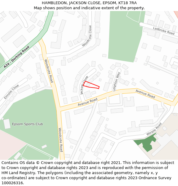 HAMBLEDON, JACKSON CLOSE, EPSOM, KT18 7RA: Location map and indicative extent of plot