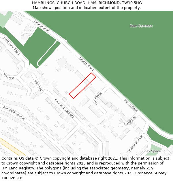 HAMBLINGS, CHURCH ROAD, HAM, RICHMOND, TW10 5HG: Location map and indicative extent of plot