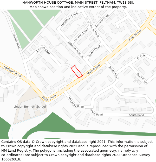 HANWORTH HOUSE COTTAGE, MAIN STREET, FELTHAM, TW13 6SU: Location map and indicative extent of plot