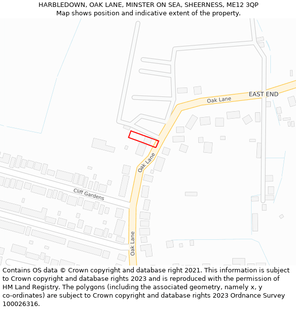 HARBLEDOWN, OAK LANE, MINSTER ON SEA, SHEERNESS, ME12 3QP: Location map and indicative extent of plot