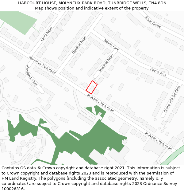 HARCOURT HOUSE, MOLYNEUX PARK ROAD, TUNBRIDGE WELLS, TN4 8DN: Location map and indicative extent of plot
