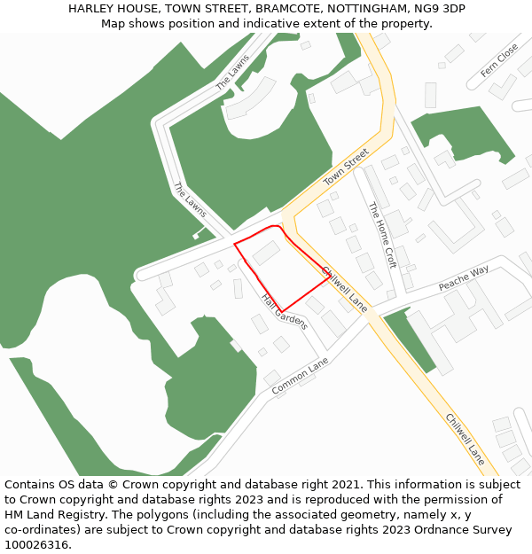 HARLEY HOUSE, TOWN STREET, BRAMCOTE, NOTTINGHAM, NG9 3DP: Location map and indicative extent of plot