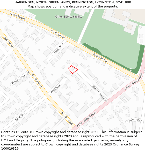 HARPENDEN, NORTH GREENLANDS, PENNINGTON, LYMINGTON, SO41 8BB: Location map and indicative extent of plot