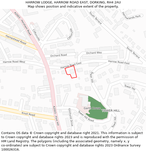 HARROW LODGE, HARROW ROAD EAST, DORKING, RH4 2AU: Location map and indicative extent of plot
