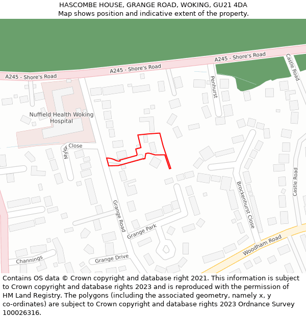 HASCOMBE HOUSE, GRANGE ROAD, WOKING, GU21 4DA: Location map and indicative extent of plot