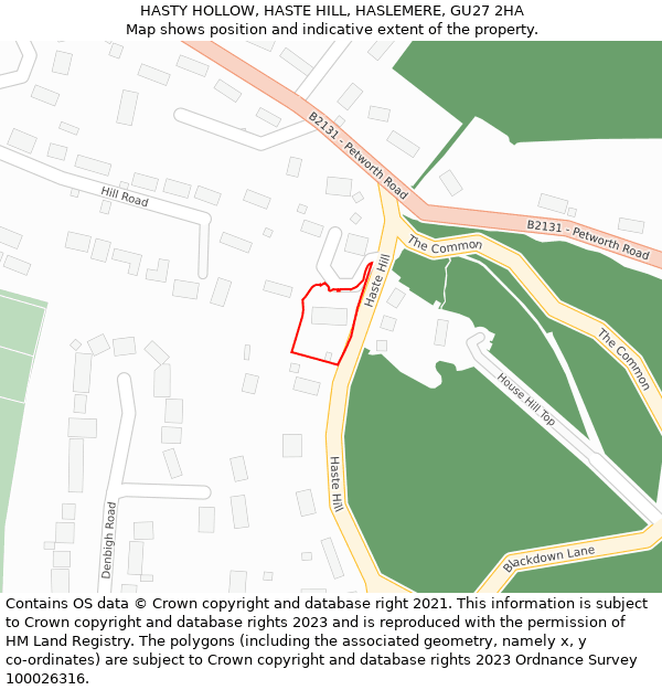 HASTY HOLLOW, HASTE HILL, HASLEMERE, GU27 2HA: Location map and indicative extent of plot