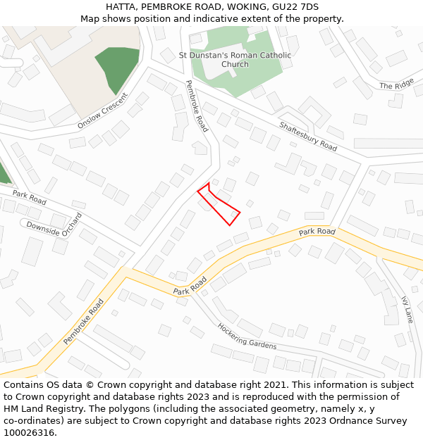 HATTA, PEMBROKE ROAD, WOKING, GU22 7DS: Location map and indicative extent of plot