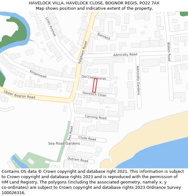 HAVELOCK VILLA, HAVELOCK CLOSE, BOGNOR REGIS, PO22 7AX: Location map and indicative extent of plot