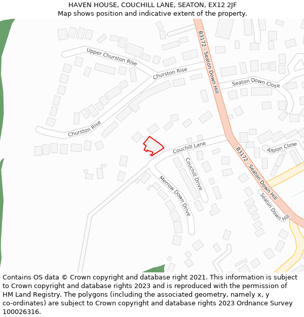 HAVEN HOUSE, COUCHILL LANE, SEATON, EX12 2JF: Location map and indicative extent of plot