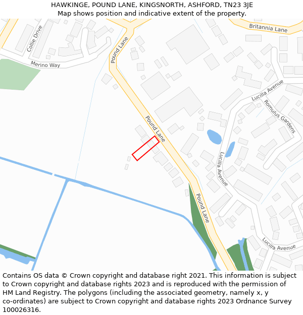 HAWKINGE, POUND LANE, KINGSNORTH, ASHFORD, TN23 3JE: Location map and indicative extent of plot