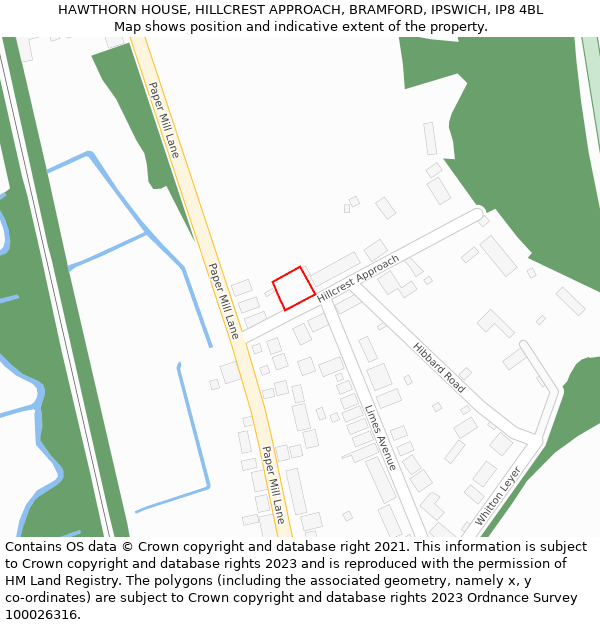 HAWTHORN HOUSE, HILLCREST APPROACH, BRAMFORD, IPSWICH, IP8 4BL: Location map and indicative extent of plot