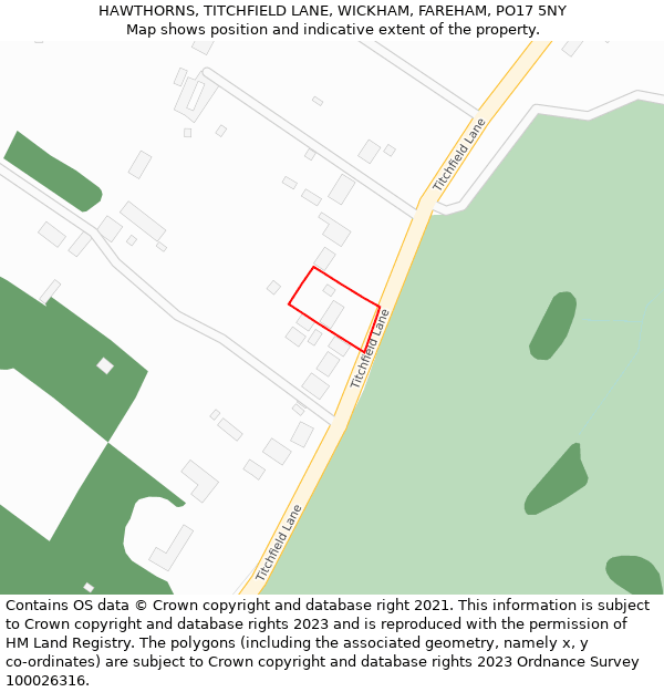 HAWTHORNS, TITCHFIELD LANE, WICKHAM, FAREHAM, PO17 5NY: Location map and indicative extent of plot