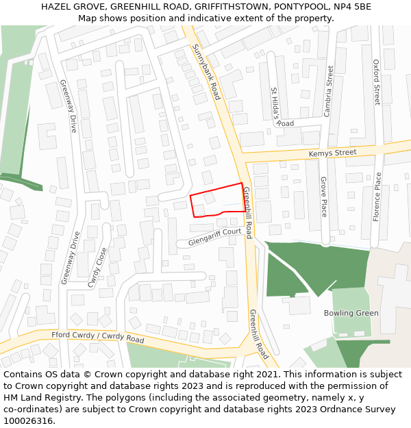 HAZEL GROVE, GREENHILL ROAD, GRIFFITHSTOWN, PONTYPOOL, NP4 5BE: Location map and indicative extent of plot